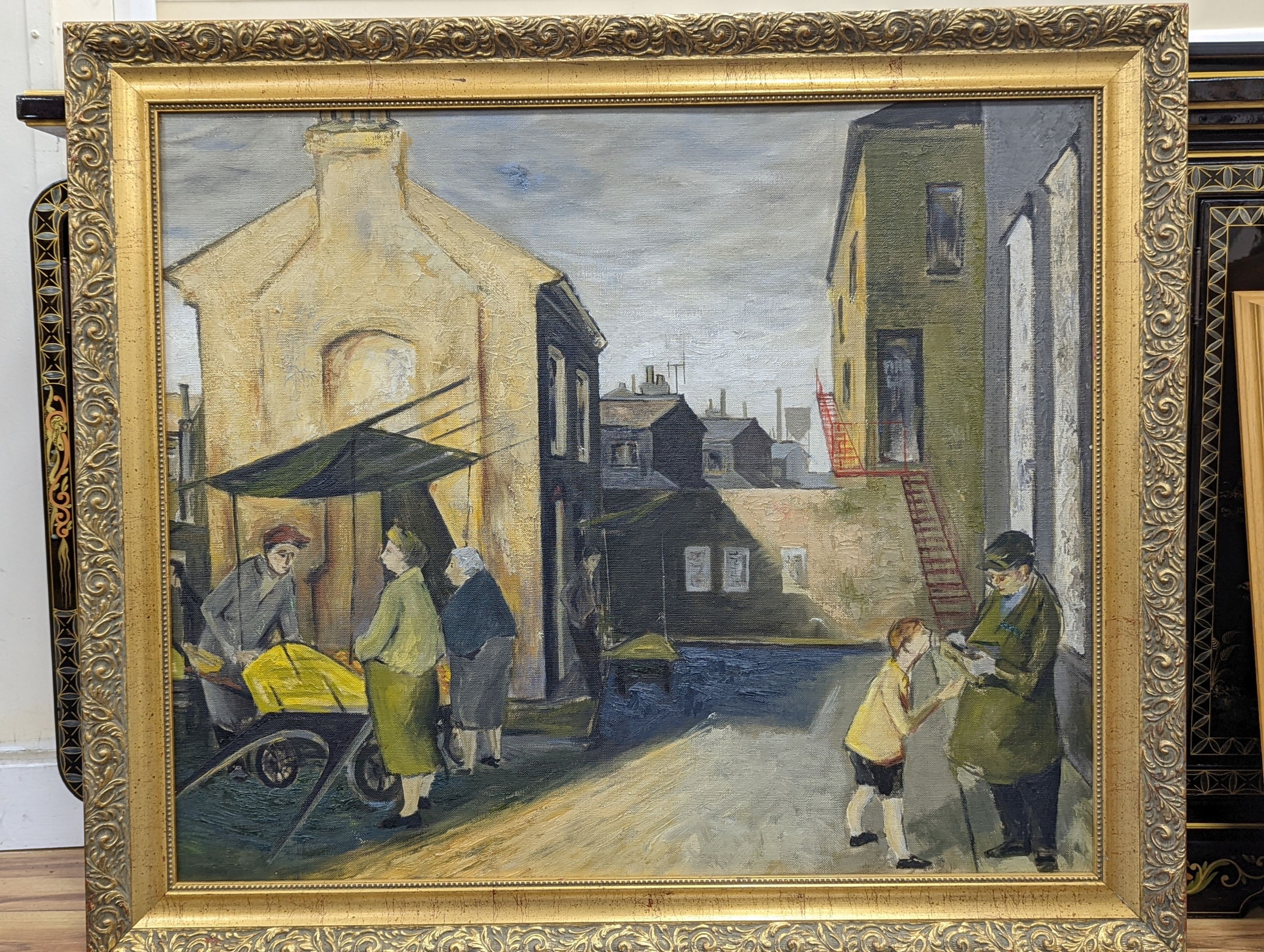 Modern British, oil on canvas board, Street scene, Exhibition label verso, 66 x 78cm